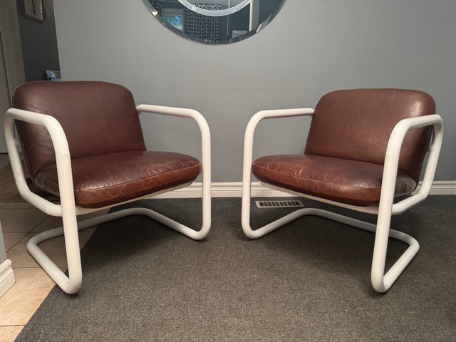 Postmodern pair of Kinetics leather lounge chairs