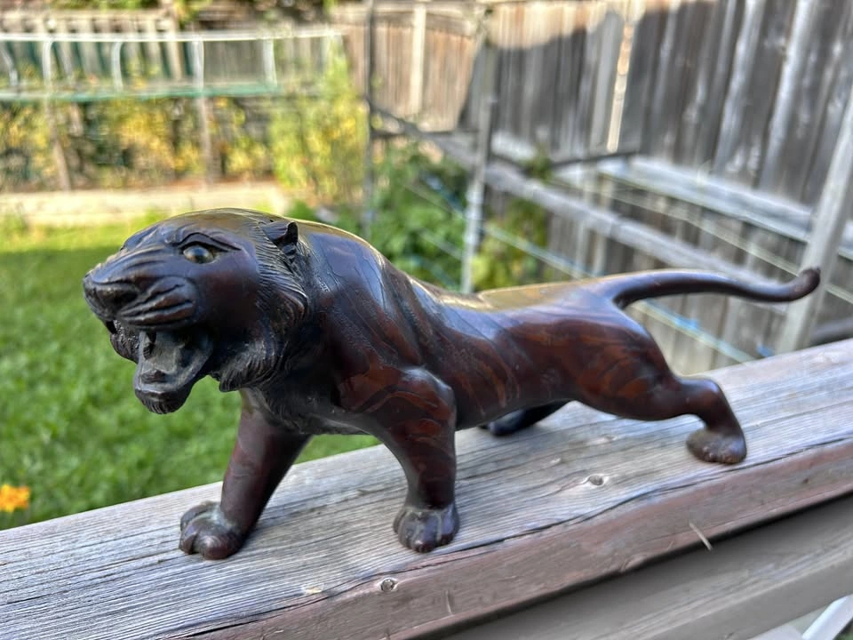 Vintage Brass Cast Sculpture of a Roaring Tiger