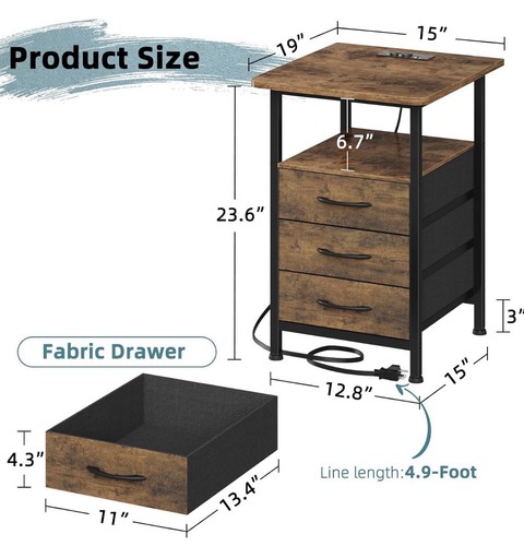 GYIIYUO 1-Pack Night Stand with 19'' Large Tabletop & 3 Drawers - photo 3
