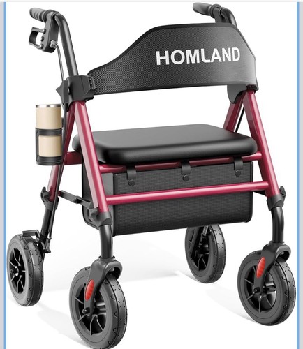 HOMLAND Rollator Walker with Seat 8" Wheels Foldable 350 lb Red