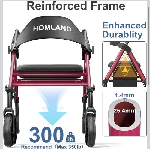 HOMLAND Rollator Walker with Seat 8" Wheels Foldable 350 lb Red - photo 2