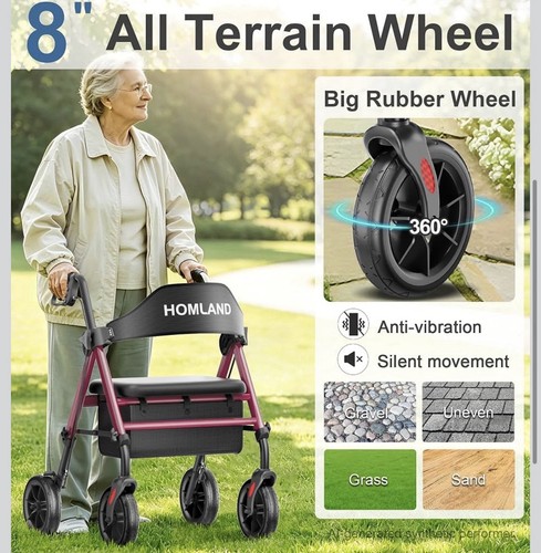 HOMLAND Rollator Walker with Seat 8" Wheels Foldable 350 lb Red - photo 3