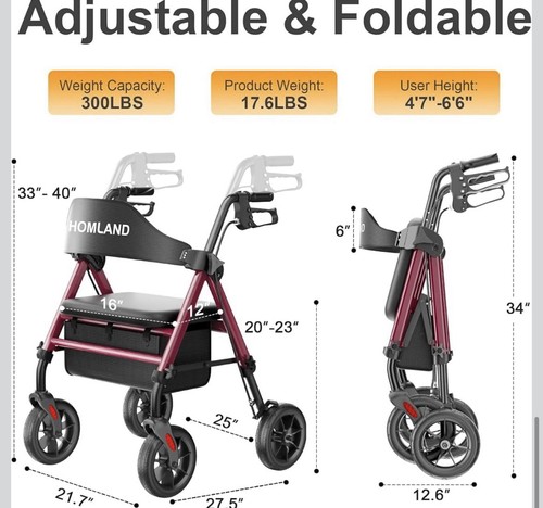 HOMLAND Rollator Walker with Seat 8" Wheels Foldable 350 lb Red - photo 4