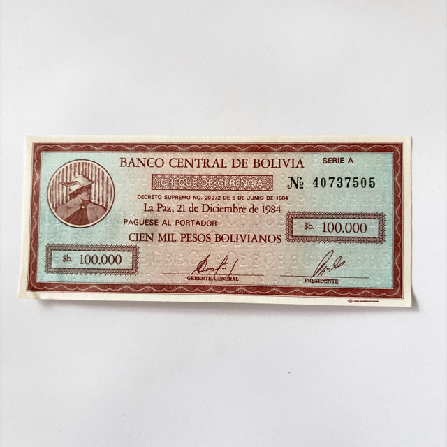 Banco Central de Bolivia 100,000 Pesos Bolivianos Cheque
