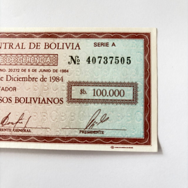 Banco Central de Bolivia 100,000 Pesos Bolivianos Cheque - photo 2