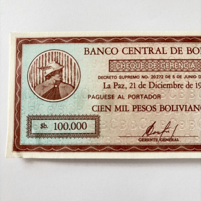 Banco Central de Bolivia 100,000 Pesos Bolivianos Cheque - photo 3