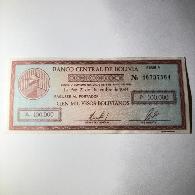 Banco Central de Bolivia 100.000 Pesos Bolivianos Cheque
