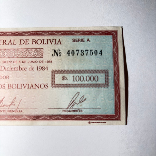 Banco Central de Bolivia 100.000 Pesos Bolivianos Cheque - photo 2