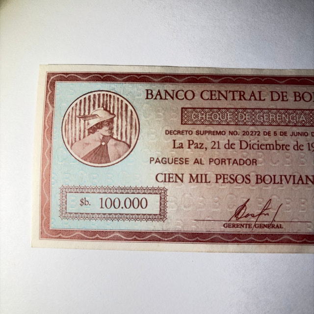 Banco Central de Bolivia 100.000 Pesos Bolivianos Cheque - photo 3