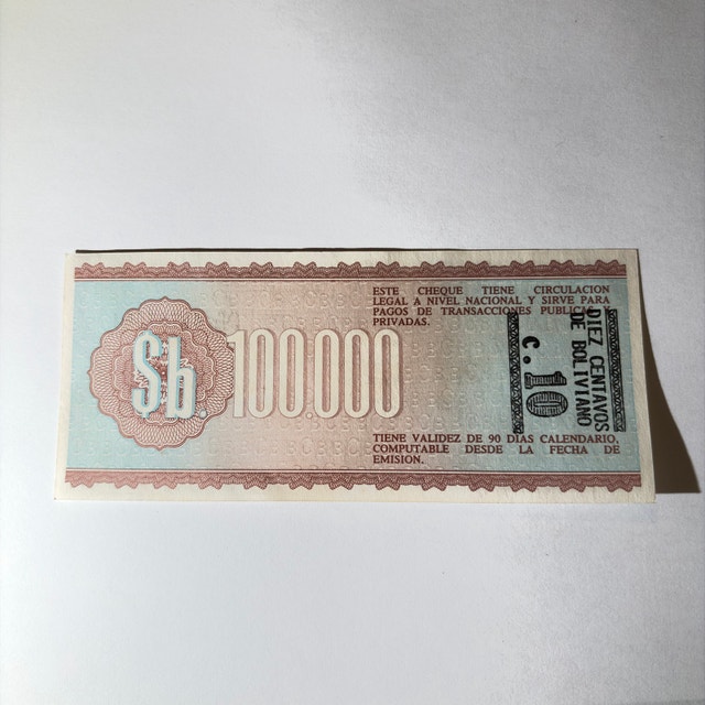 Banco Central de Bolivia 100.000 Pesos Bolivianos Cheque - photo 4