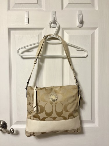 Coach Signature Stripe File Bag Crossbody Khaki White F19220
