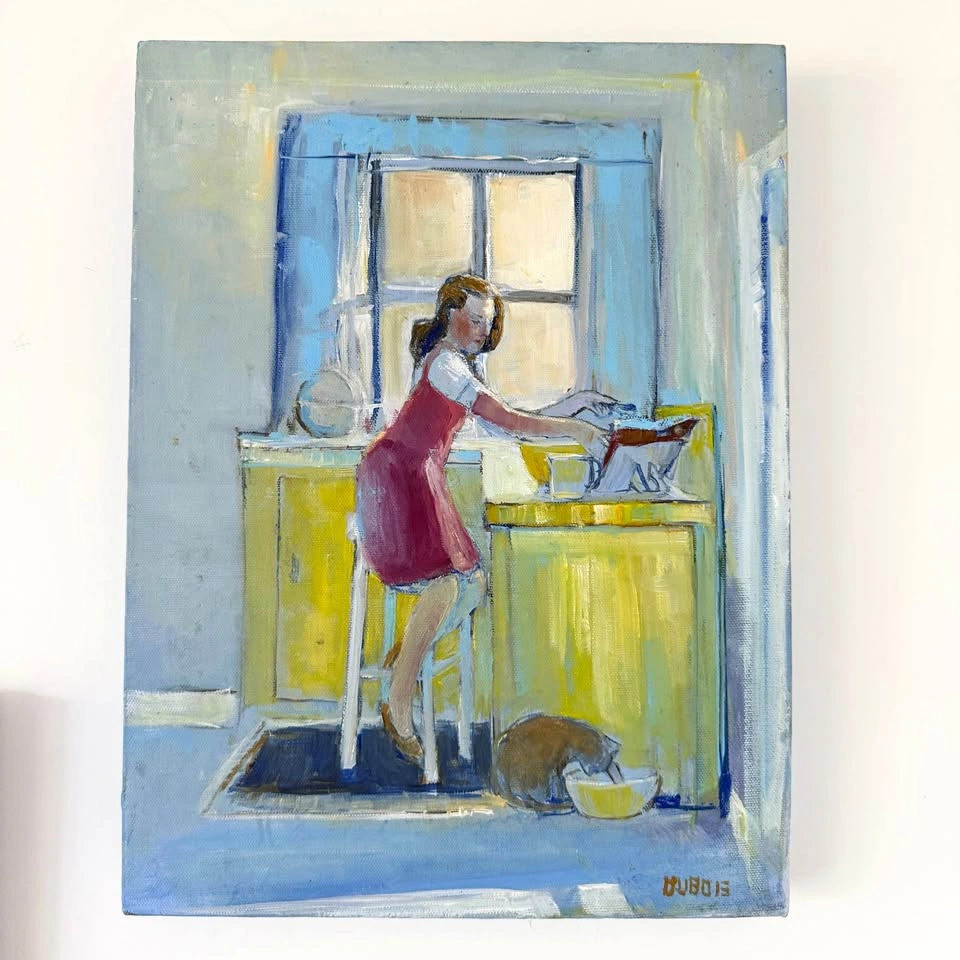 Daniel DuBois Original Signed Painting – Woman & Cat Kitchen Sce
