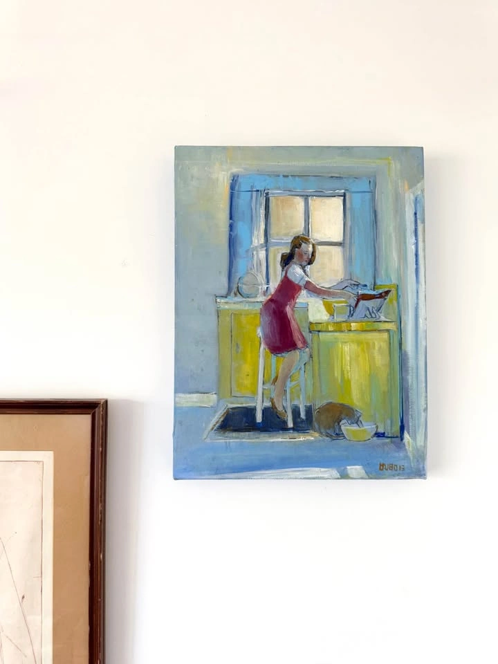 Daniel DuBois Original Signed Painting – Woman & Cat Kitchen Sce - photo 2