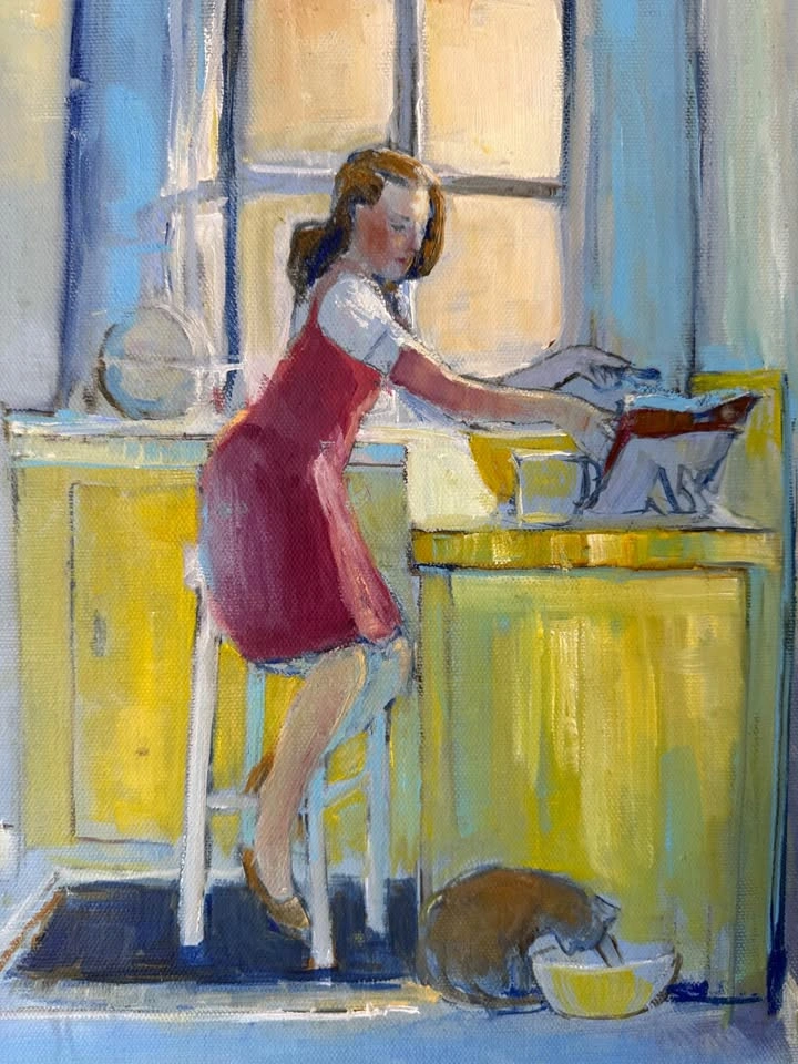 Daniel DuBois Original Signed Painting – Woman & Cat Kitchen Sce - photo 3