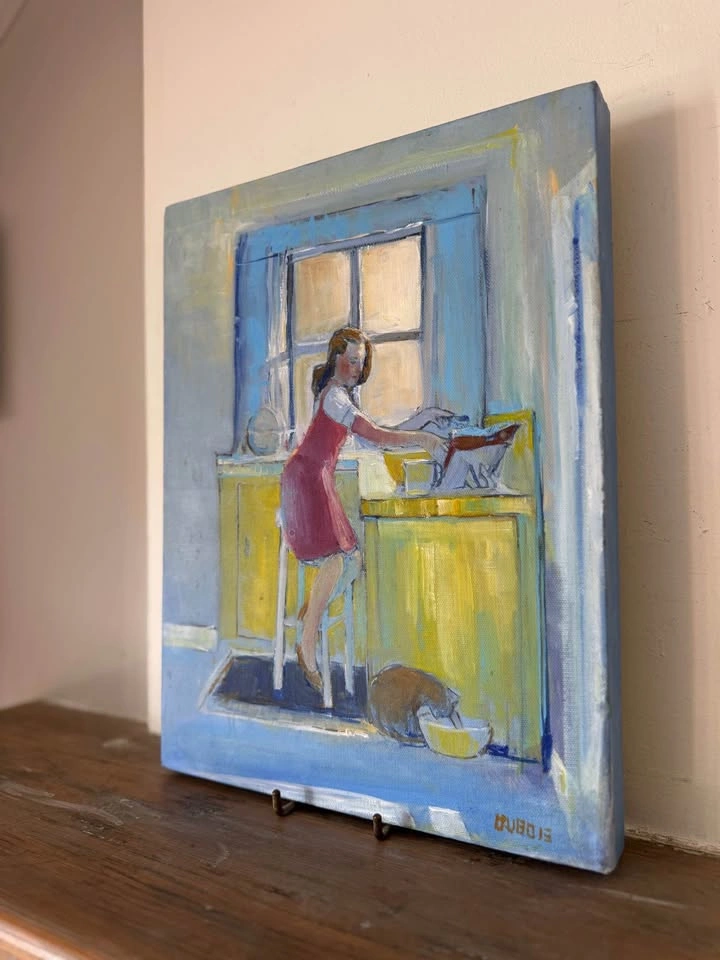 Daniel DuBois Original Signed Painting – Woman & Cat Kitchen Sce - photo 4