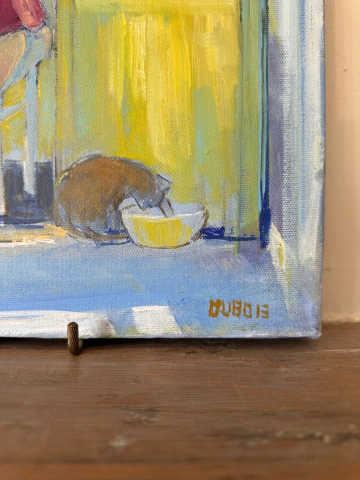 Daniel DuBois Original Signed Painting – Woman & Cat Kitchen Sce - photo 5