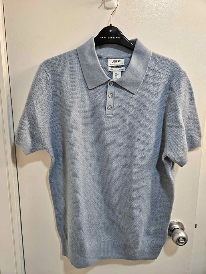 Jason Wu Merino Wool Knit Polo Shirt Size M Light Blue