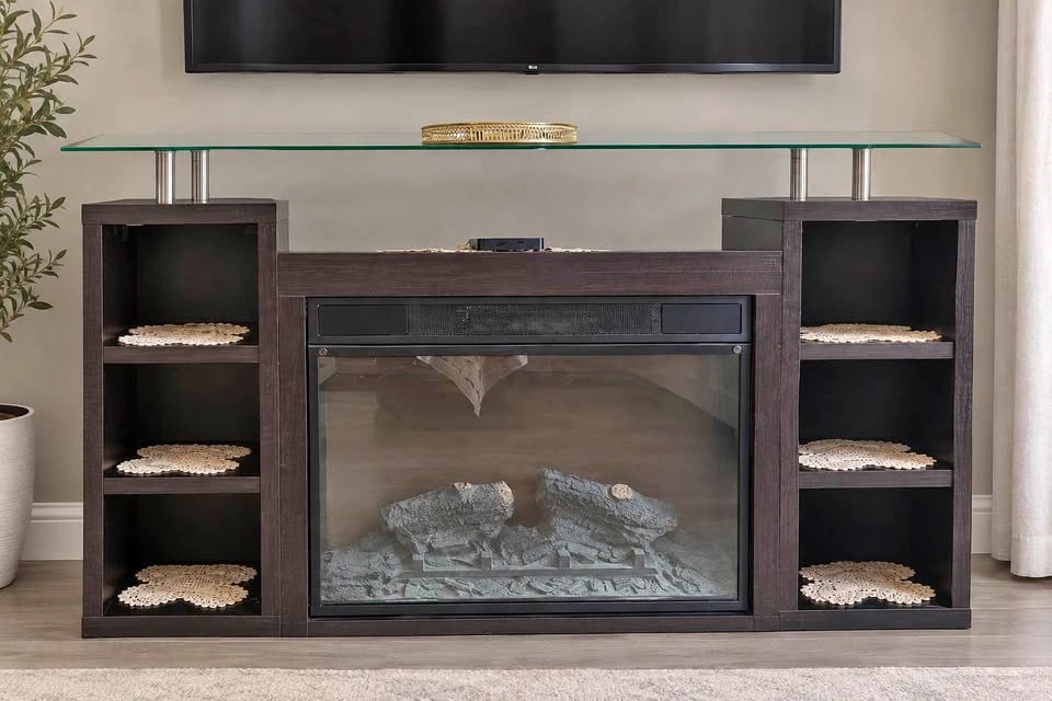 Fireplace TV Stand with Glass Shelf
