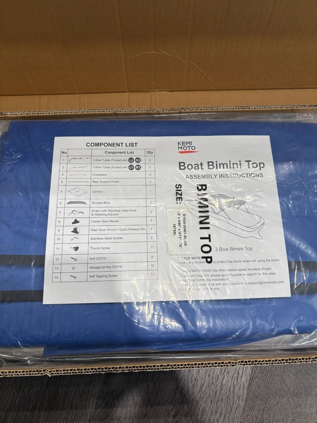 KEMIMOTO 3-Bow Bimini Top, Blue, fits 73-78in beam - NEW - photo 3