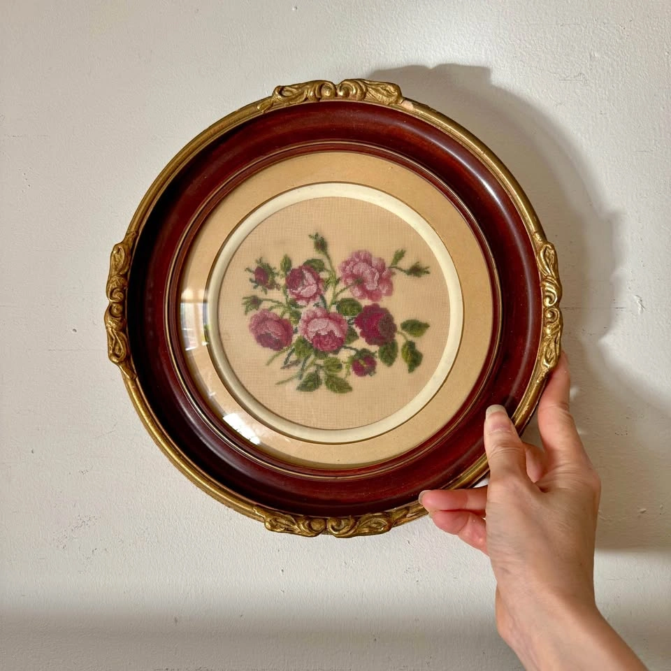 Vintage Floral Petit Point Needlepoint – Ornate Gilt-Finish Roun