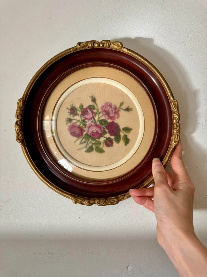 Vintage Floral Petit Point Needlepoint – Ornate Gilt-Finish Roun - photo 4