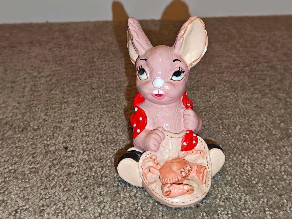 Vintage Lady Easter Bunny Ceramic Figurine with Crab