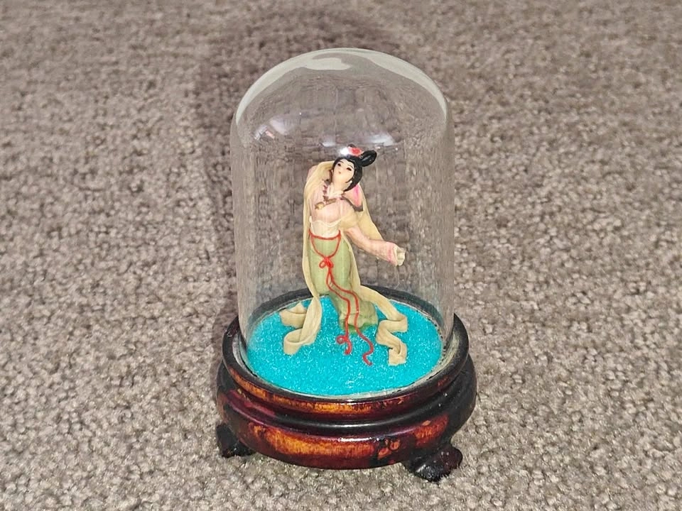 Vintage Chinese Dough Figurine - Nie Mian Ren - in Glass Dome