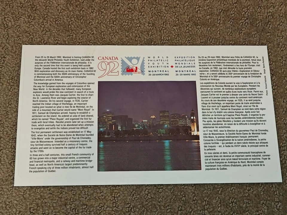 First Day Covers FDC 1992 Montreal Philatelic Exhibition Stamps - photo 3
