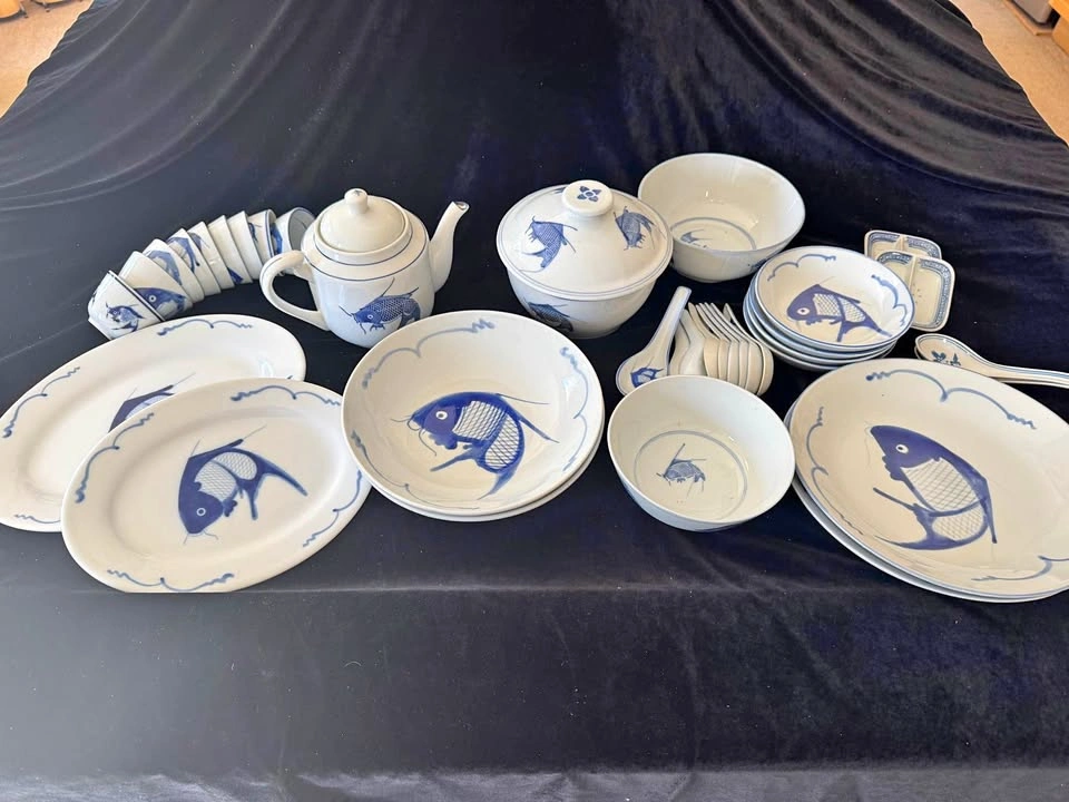 Vintage Chinese Blue & White Porcelain Koi Carp Dinnerware Set