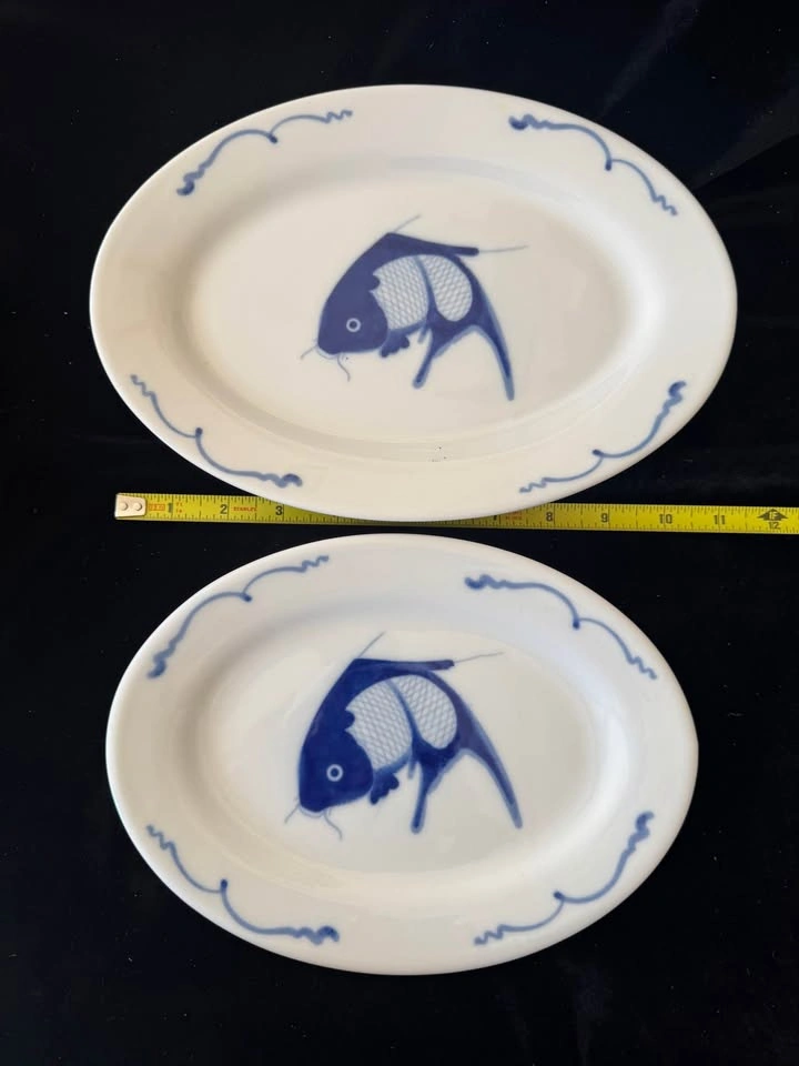 Vintage Chinese Blue & White Porcelain Koi Carp Dinnerware Set - photo 2