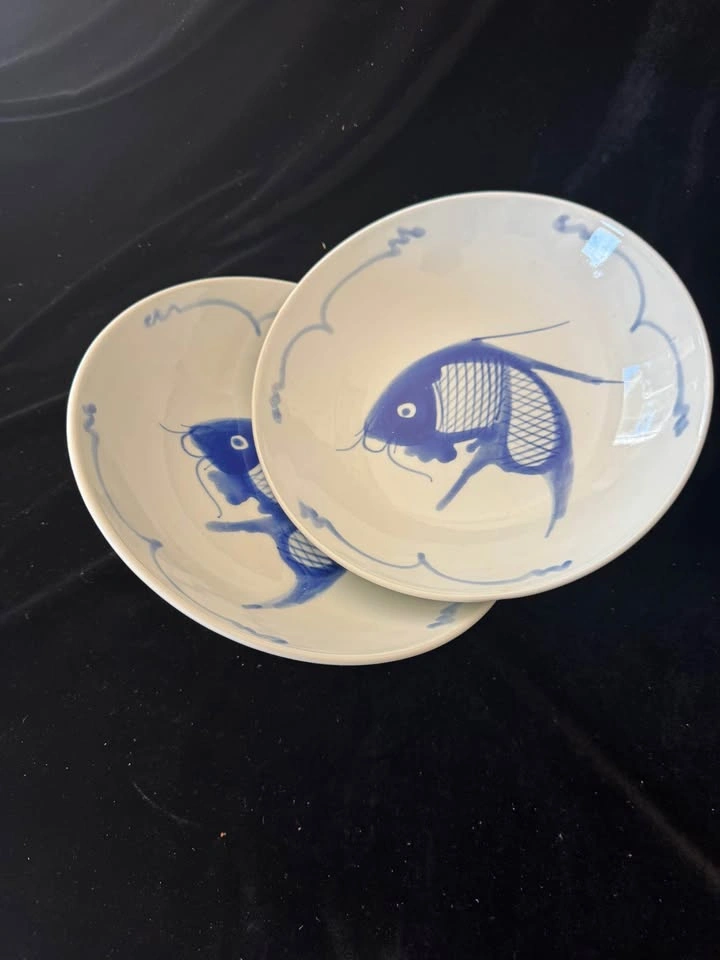 Vintage Chinese Blue & White Porcelain Koi Carp Dinnerware Set - photo 5