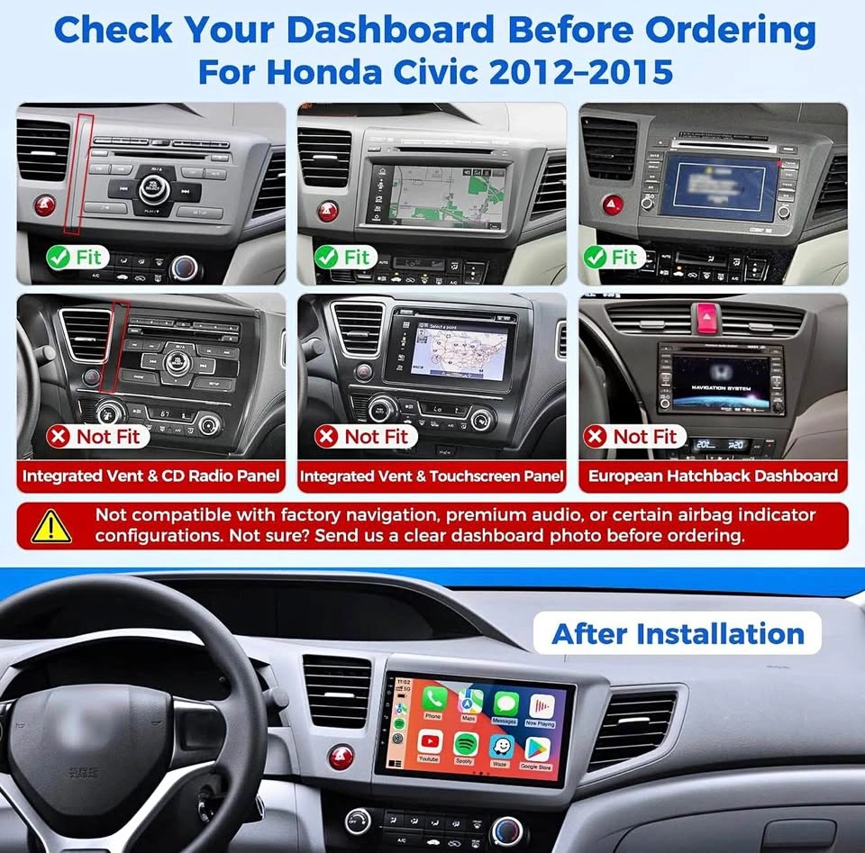9” Car Stereo for Honda Civic 2012-2015, Wireless CarPlay - photo 2