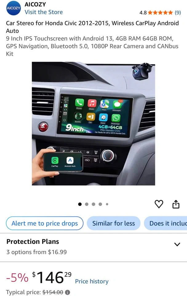9” Car Stereo for Honda Civic 2012-2015, Wireless CarPlay