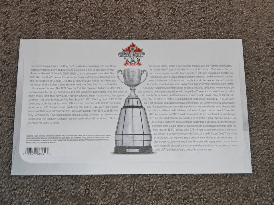 First Day Covers FDC 100 Grey Cup Canadian Football League 2012 - photo 4