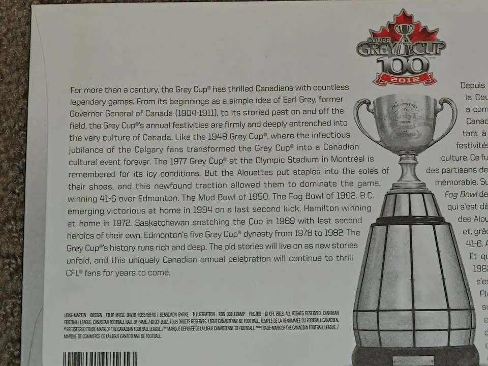 First Day Covers FDC 100 Grey Cup Canadian Football League 2012 - photo 5