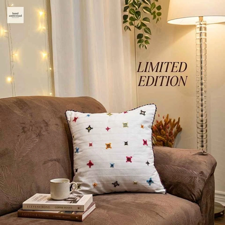 Boho White Hand Embroidered Throw Pillow Covers Set of 4