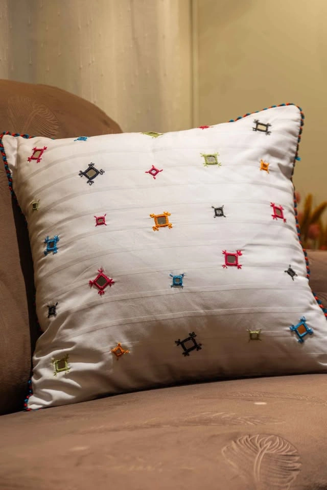 Boho White Hand Embroidered Throw Pillow Covers Set of 4 - photo 2