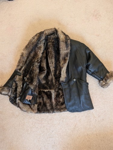 Vintage Women's Black Lambskin Leather Fur Lined Coat Size 44 - photo 2