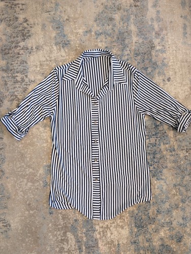 Womens Navy White Striped Blouse 3/4 Sleeve Roll Tab Top Small
