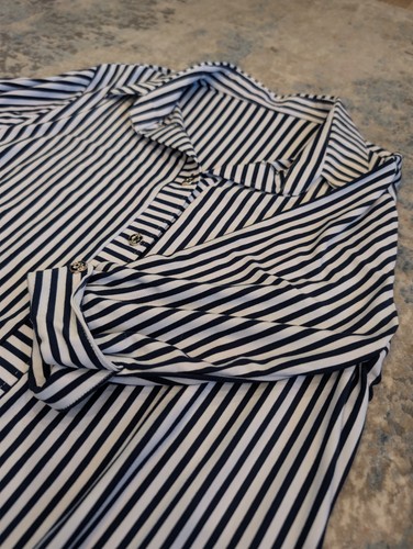 Womens Navy White Striped Blouse 3/4 Sleeve Roll Tab Top Small - photo 3