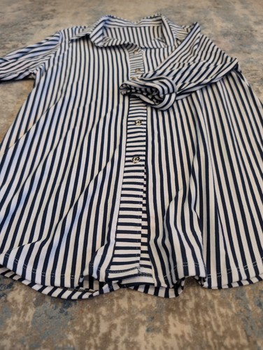 Womens Navy White Striped Blouse 3/4 Sleeve Roll Tab Top Small - photo 4