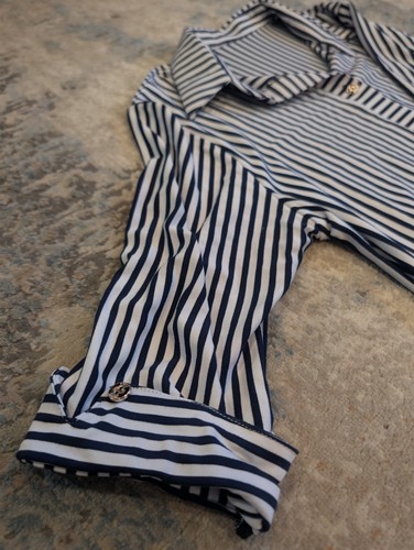 Womens Navy White Striped Blouse 3/4 Sleeve Roll Tab Top Small - photo 5