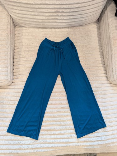 Women's Wide Leg Lounge Pants Blue Drawstring Elastic Waist Pock