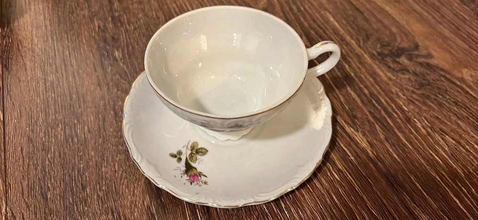 Vintage Porcelain Teacup and Saucer Set with Pink Rose Pattern