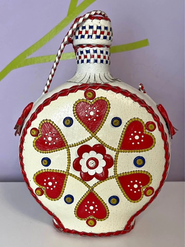 Vintage Yugoslavia White Leather Braided Glass Decanter Flask