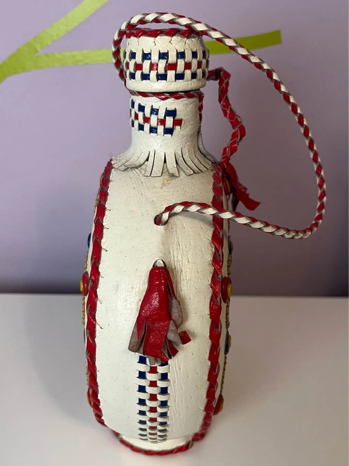 Vintage Yugoslavia White Leather Braided Glass Decanter Flask - photo 2
