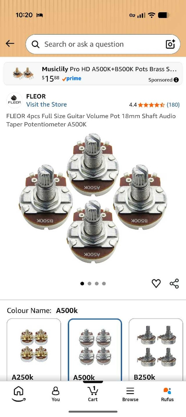 FLEOR 4xFull Size Guitar Volume Pot 18mm Shaft Audio Taper Pot