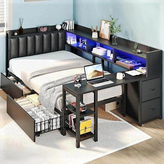 Multi-Functional Black Bed Frame with Desk and Storage