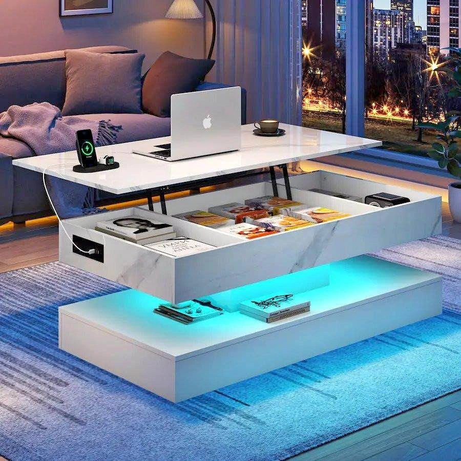 White Lift Top Coffee Table with LED Lights and Charging Station