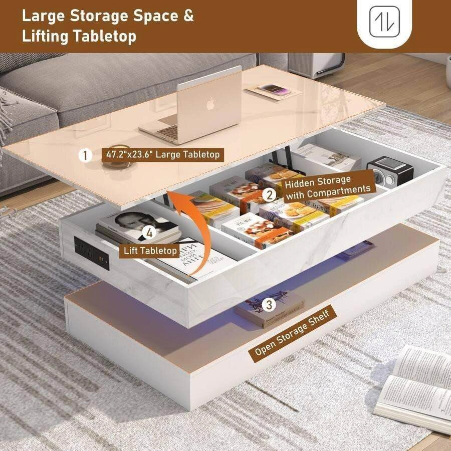 White Lift Top Coffee Table with LED Lights and Charging Station - photo 2